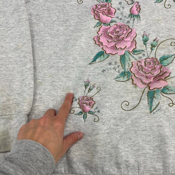 VTG 90s FOL Floral Graphic Sweatshirt size XL Roses USA Cottage Gray - Picture 9 of 9